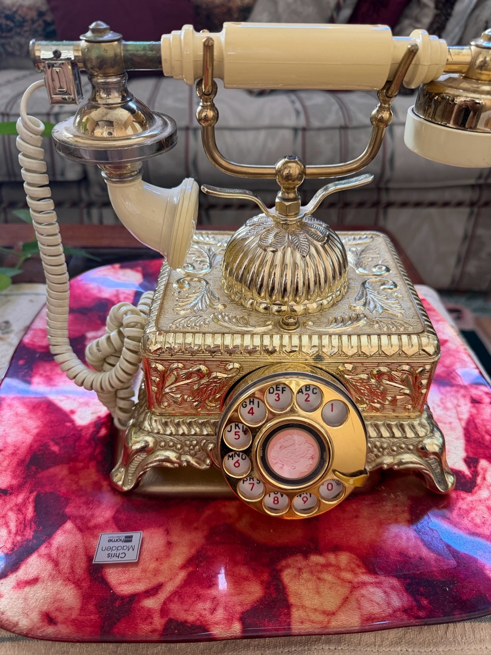 Vintage-Style Ornate Rotary Telephone in Gold and Cream
